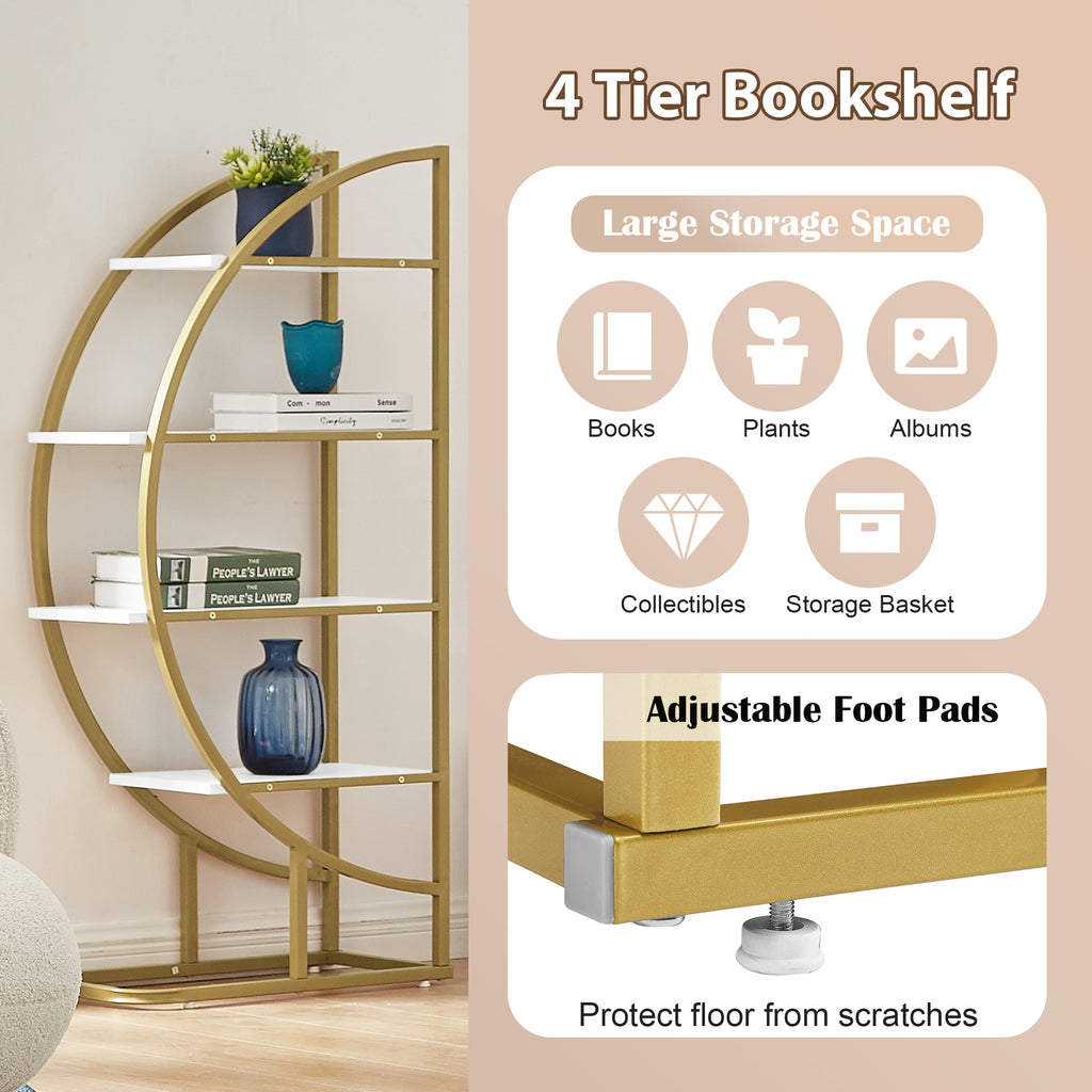 Leoglint 4 Tiers Home Office Open Bookshelf, Round Shape, Different Placement Ways, MDF Board, Gold Metal Frame, White