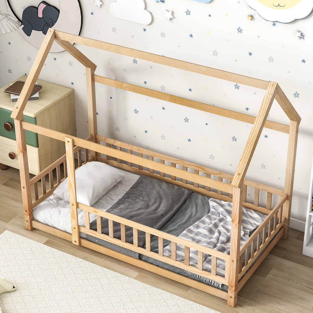 Leoglint Twin Size Floor Wooden Bed Frame with House Roof Frame, Fence Guardrails,Natural(Old SKU:W1791106616)