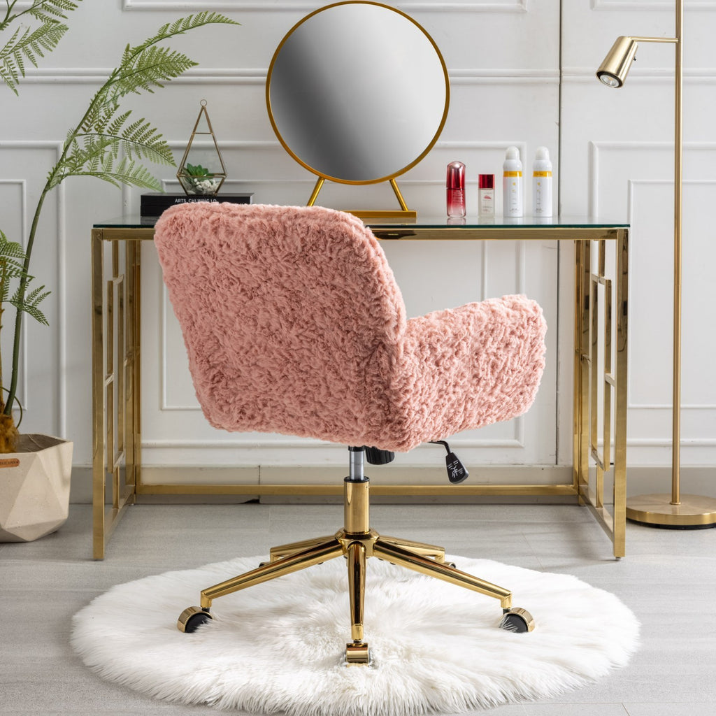 Leoglint A&A Furniture Office Chair,Artificial rabbit hair Home Office Chair with Golden Metal Base,Adjustable Desk Chair Swivel Office Chair,Vanity Chair(Pink)