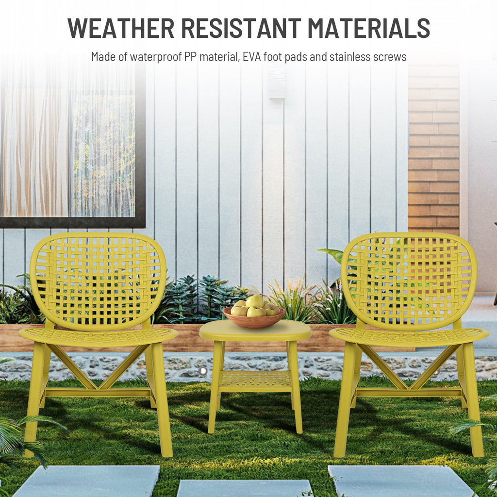 Leoglint 3 Pieces Hollow Design Patio Table Outdoor Chair Set All Weather Conversation Bistro Set Outdoor Coffee Table with Open Shelf and Lounge Chairs with Widened Seat for Balcony Garden Yard Yellow