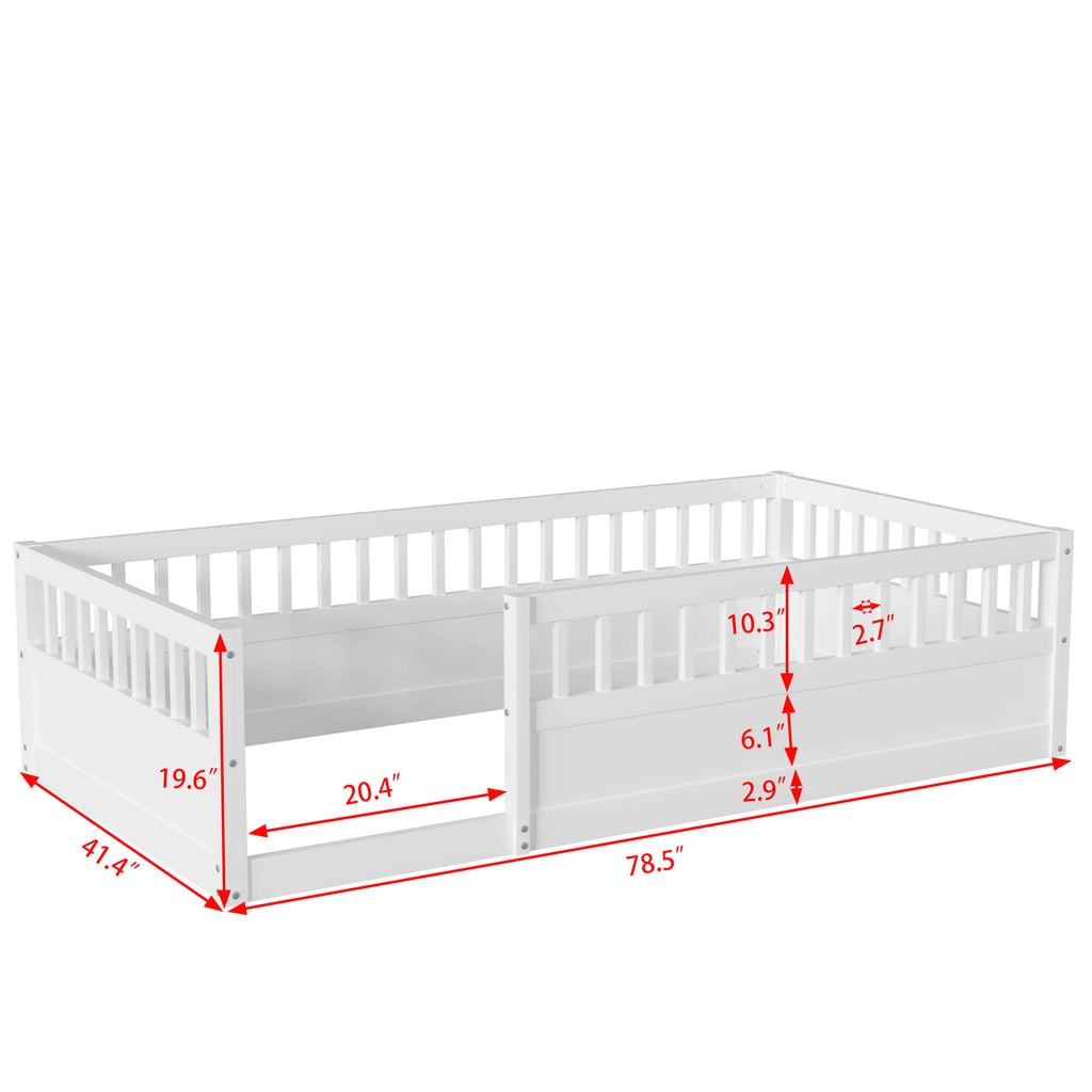 Twin Floor Bed Frame with Fence, Wood Kids Floor Beds Frame for Bedroom Playroom,White(Expect arrive date Jun. 21st)