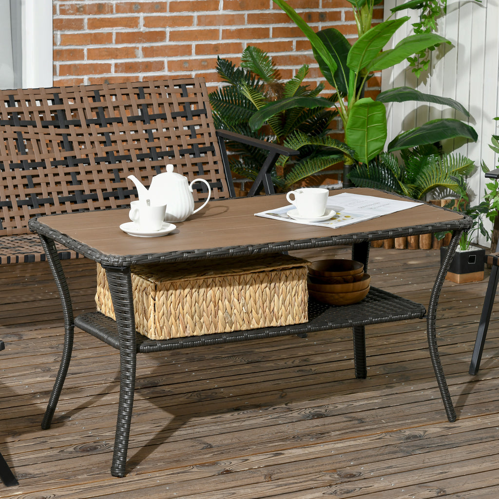 Leoglint Patio PE Rattan Coffee Table with Storage Shelf, Hand-Woven Wicker Outdoor Side Table, 2-Layer Storage Table with Wood-plastic Composite Top, for Garden, Porch, Backyard, Mixed Brown