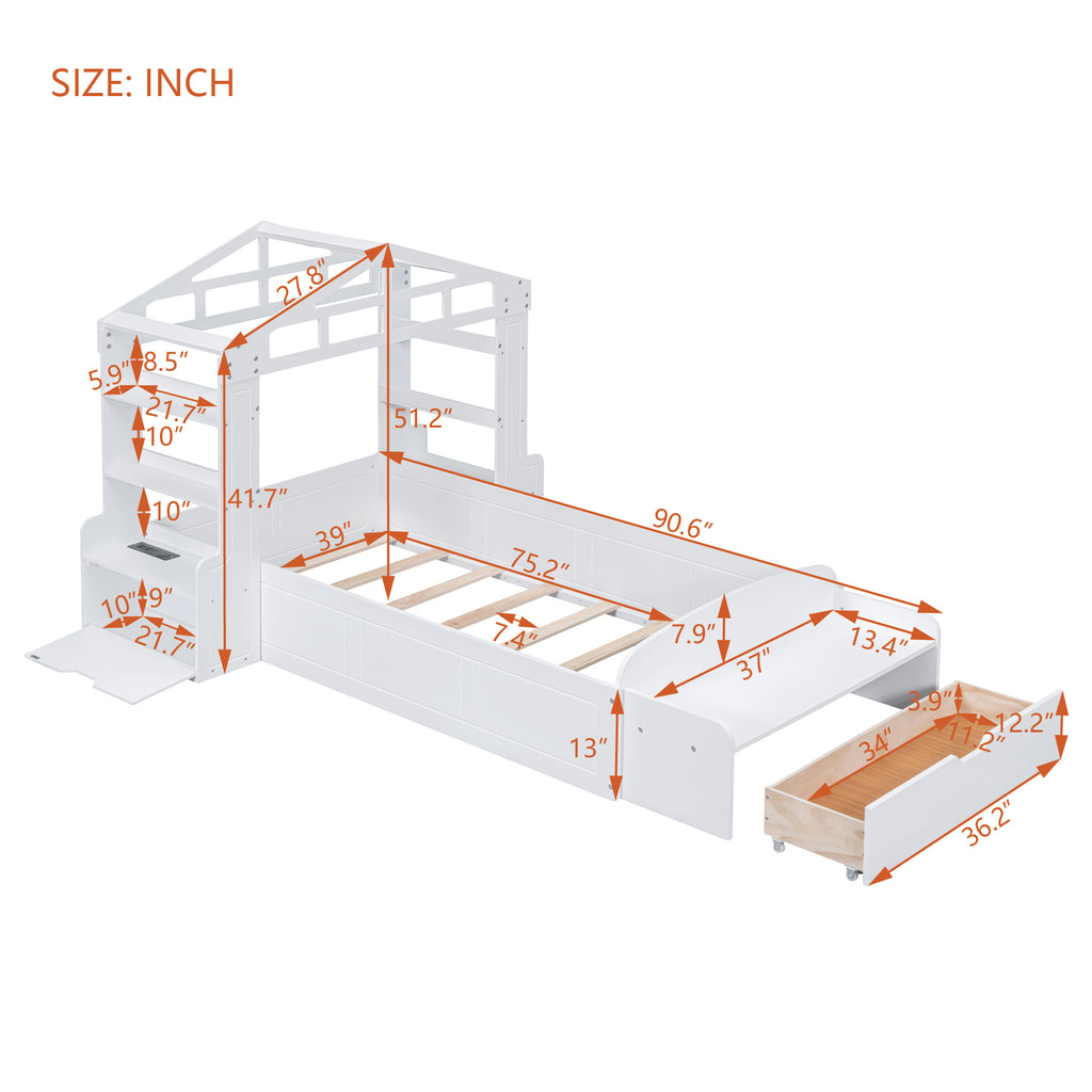 Leoglint Twin Size House Bed Frame with Bench, Socket and Shelves, White