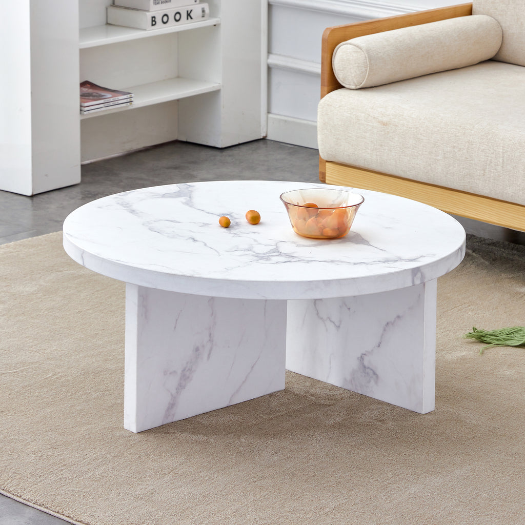 Leoglint A white MDF material circular patterned coffee table, a 31.4-inch white center table, modern coffee table, suitable for small spaces and living rooms.