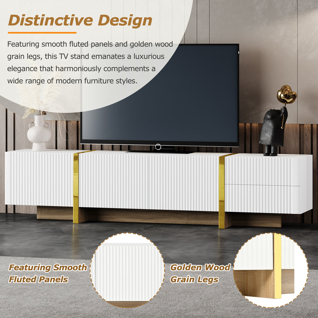 Leoglint ON-TREND Luxury Fluted TV Stand for TVs Up to 80'', Modern Entertainment Center with Storage Cabinets & Drawers, Smooth Media Console with Golden Wood Grain Legs for Living Room, White