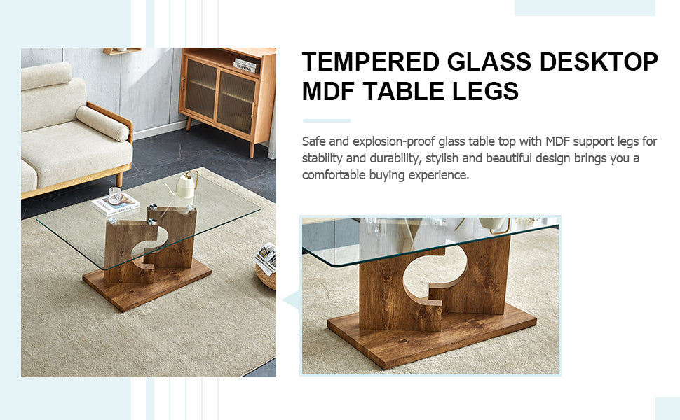 Leoglint A rectangular modern and fashionable coffee table with tempered glass tabletop and wooden color MDF legs. Suitable for living room.47.2"*25.5"*18"