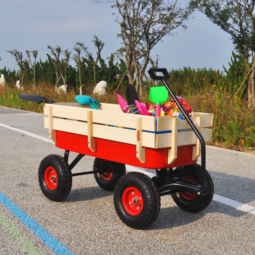 Leoglint Garden cart outdoor sport wagon tools cart wooden side panels air tires Wagon (red)