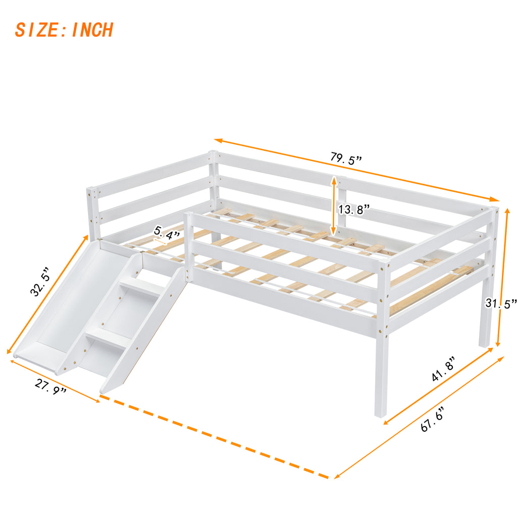 Twin Low Loft Bed Frame with Slide,  Ladder, Safety Guardrails, No Box Spring Needed,White