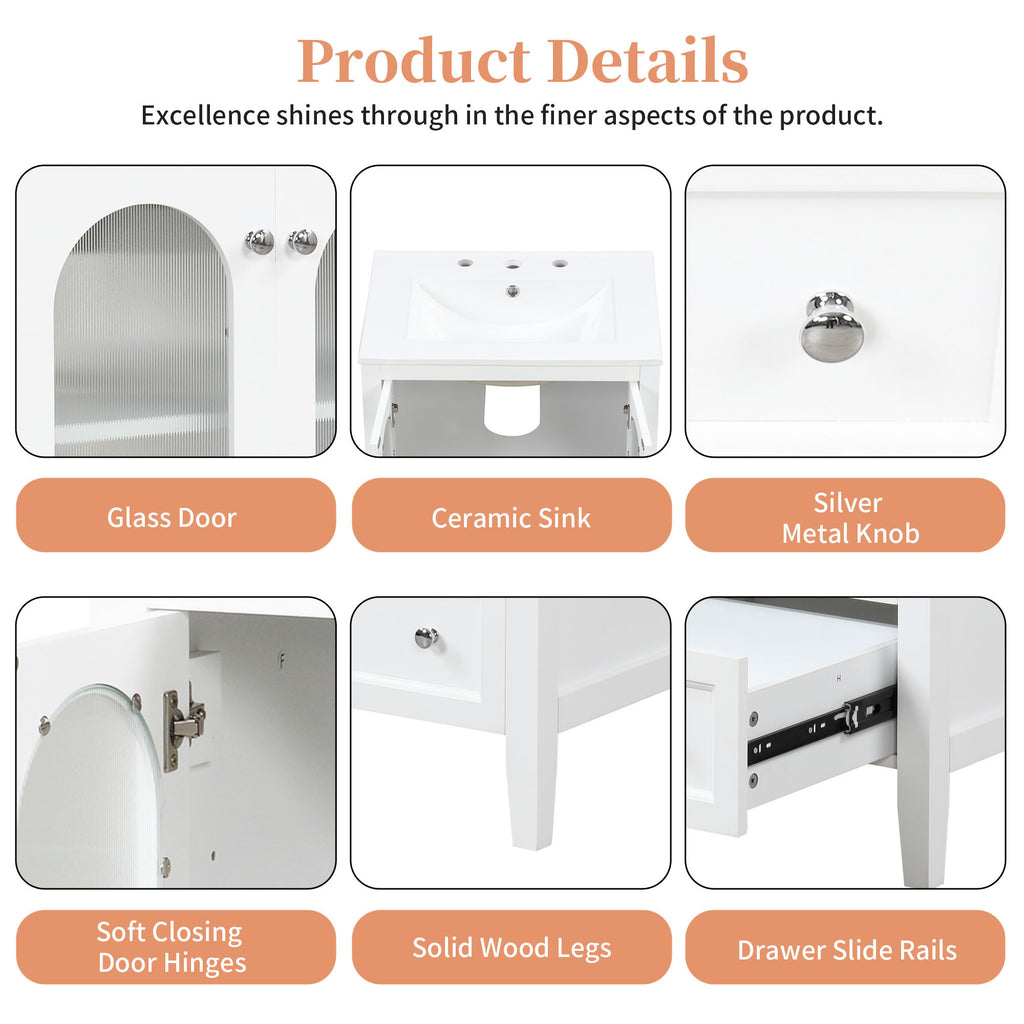 Leoglint 24" Bathroom Vanity with Sink, Bathroom Vanity Cabinet with One Drawer and Doors, Adjustable Shelf, Solid Wood and MDF, White