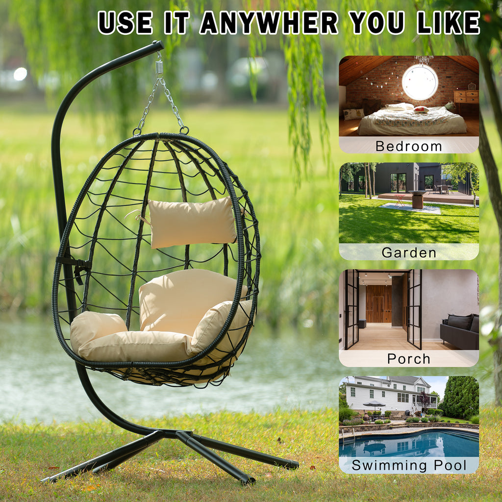 Leoglint Egg Outdoor Chair with Stand Indoor Outdoor Swing Chair Patio Wicker Hanging Egg Chair Hanging Basket Chair Hammock Chair with Stand for Bedroom Living Room Balcony