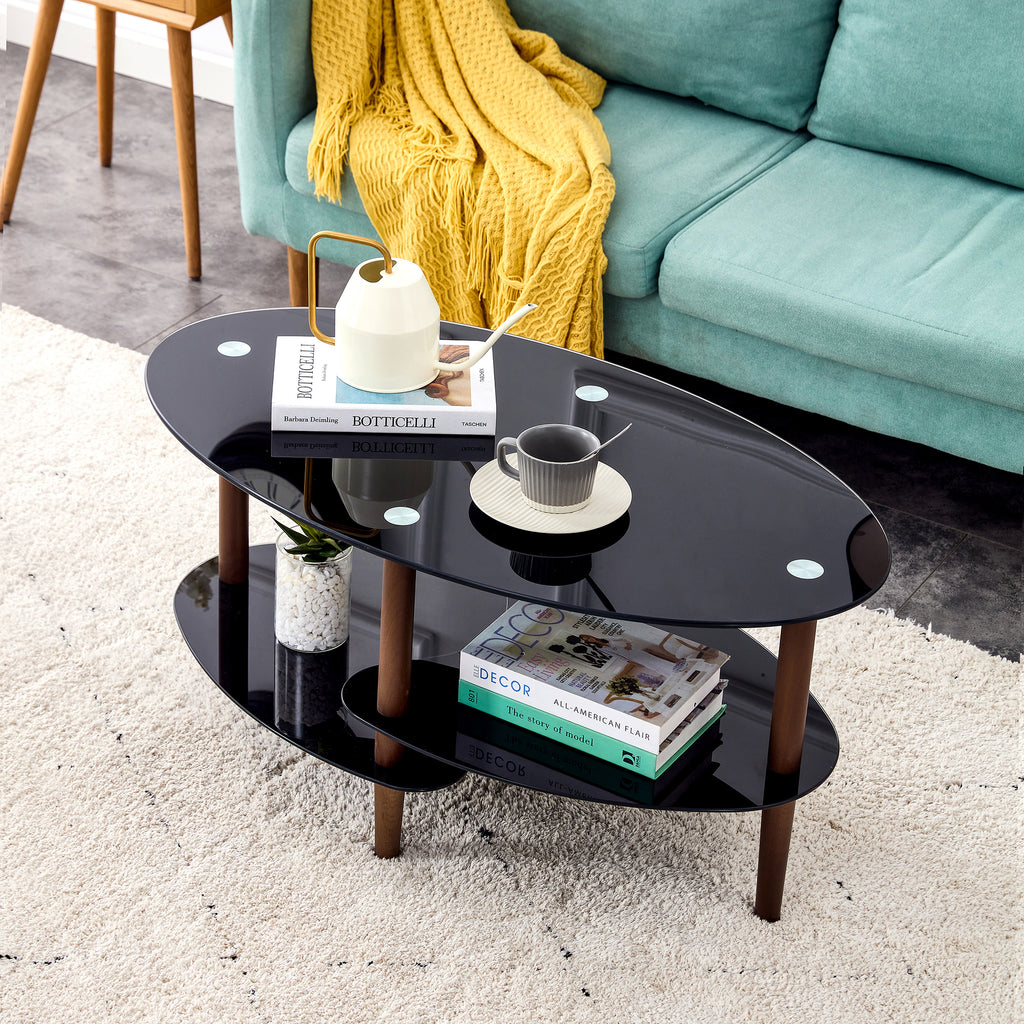 Leoglint Black Oval glass coffee table, modern table in living room Oak wood leg tea table 3-layer  tempered glass table