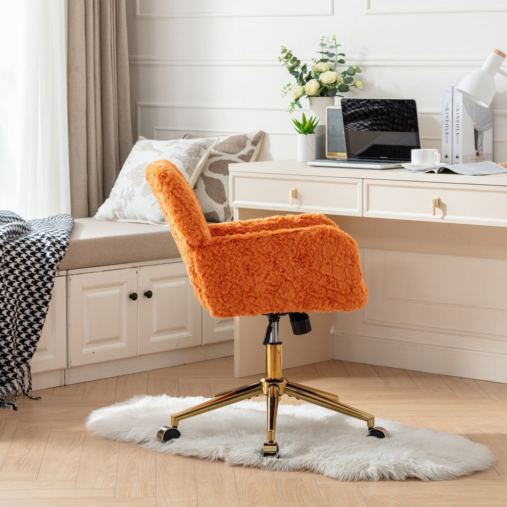 Leoglint A&A Furniture Office Chair,Artificial rabbit hair Home Office Chair with Golden Metal Base,Adjustable Desk Chair Swivel Office Chair,Vanity Chair(Orange)