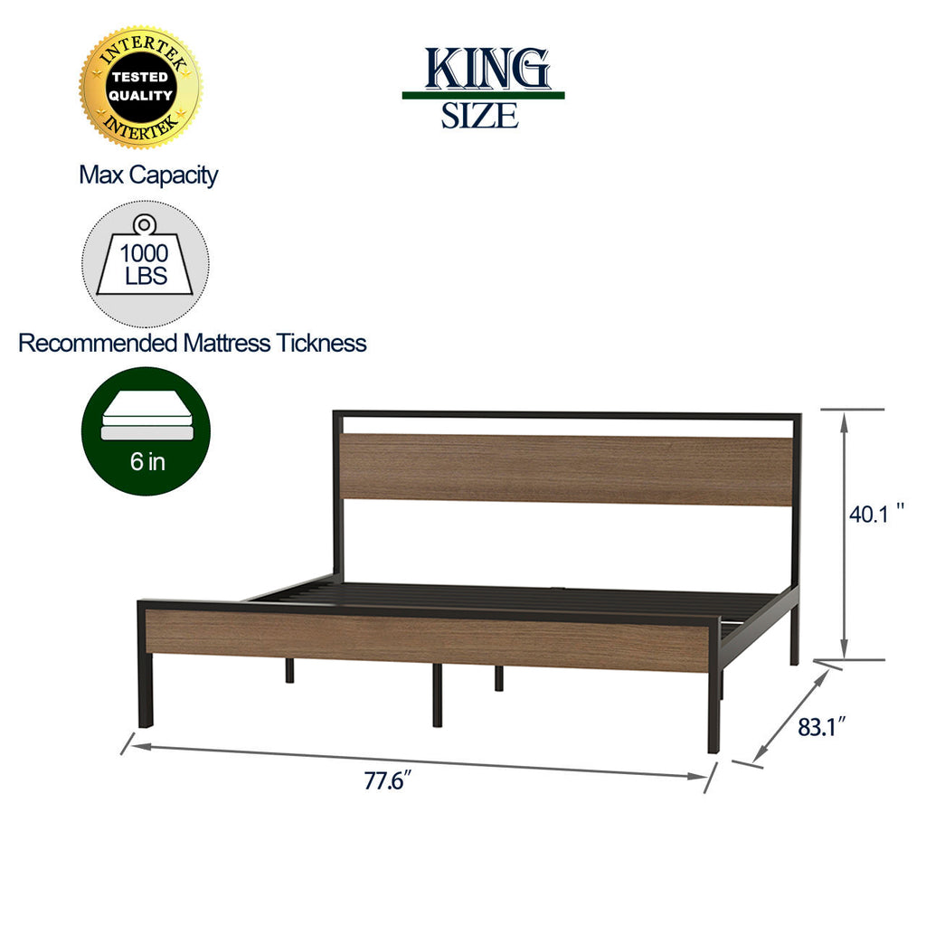 Leoglint Bed Frame Ceres Metal Bed, Black with Cinnamon Wood Headboard&Footboard, King