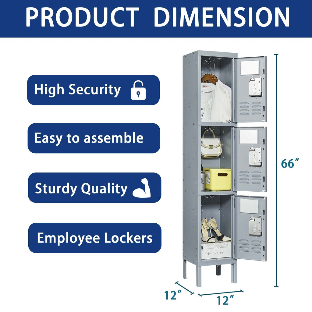 Leoglint 3 Door 66"H Metal Lockers With Lock for Employees,Storage Locker Cabinet  for Home Gym Office School Garage,Gray