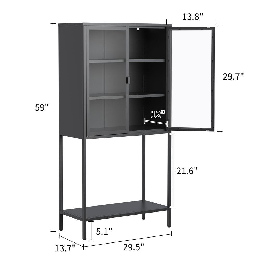 Leoglint 59"H Heavy Duty Metal Storage Cabinet,Sideboards & Buffet,Display Storage Cabinet with Glass Doors and 2 Adjustable Shelves, Tall Bookcase Modern Bookshelf Cabinet for Home Office, Living Room