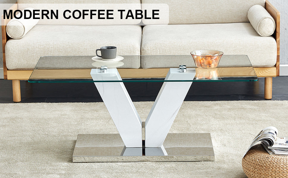 Leoglint Modern minimalist coffee table. Transparent tempered glass tabletop with silver MDF pillars. Suitable for living room and dining room