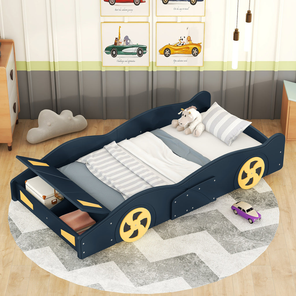 Leoglint Twin Size Race Car-Shaped Platform Bed Frame with Wheels and Storage, Dark Blue+Yellow