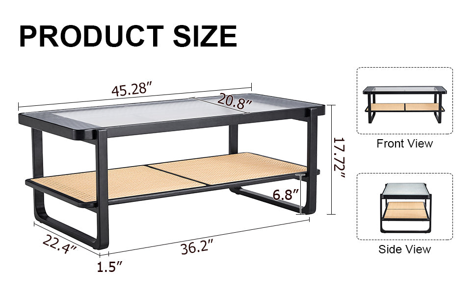 Leoglint Modern minimalist rectangular double layer black solid wood imitation rattan coffee table with a Chinese style side table with craft glass tabletop, suitable for living rooms, restaurants, bedrooms