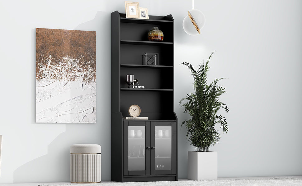 Leoglint Sideboard ON-TREND Elegant Tall Cabinet with Acrylic Board Door, Versatile Sideboard with Graceful Curves, Contemporary Bookshelf with Adjustable Shelves for Living Room, Black