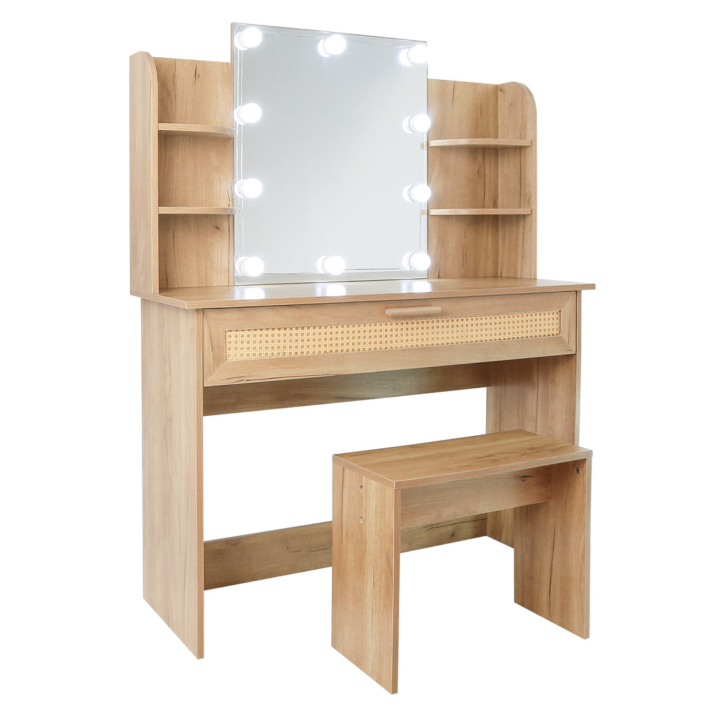 Leoglint Drawer Chest Vanity Desk Set Stool & Dressing Table with LED Lighting Mirror Drawer and Compartments Modern Wood Cosmetic Table Chest of Drawers Nature Color