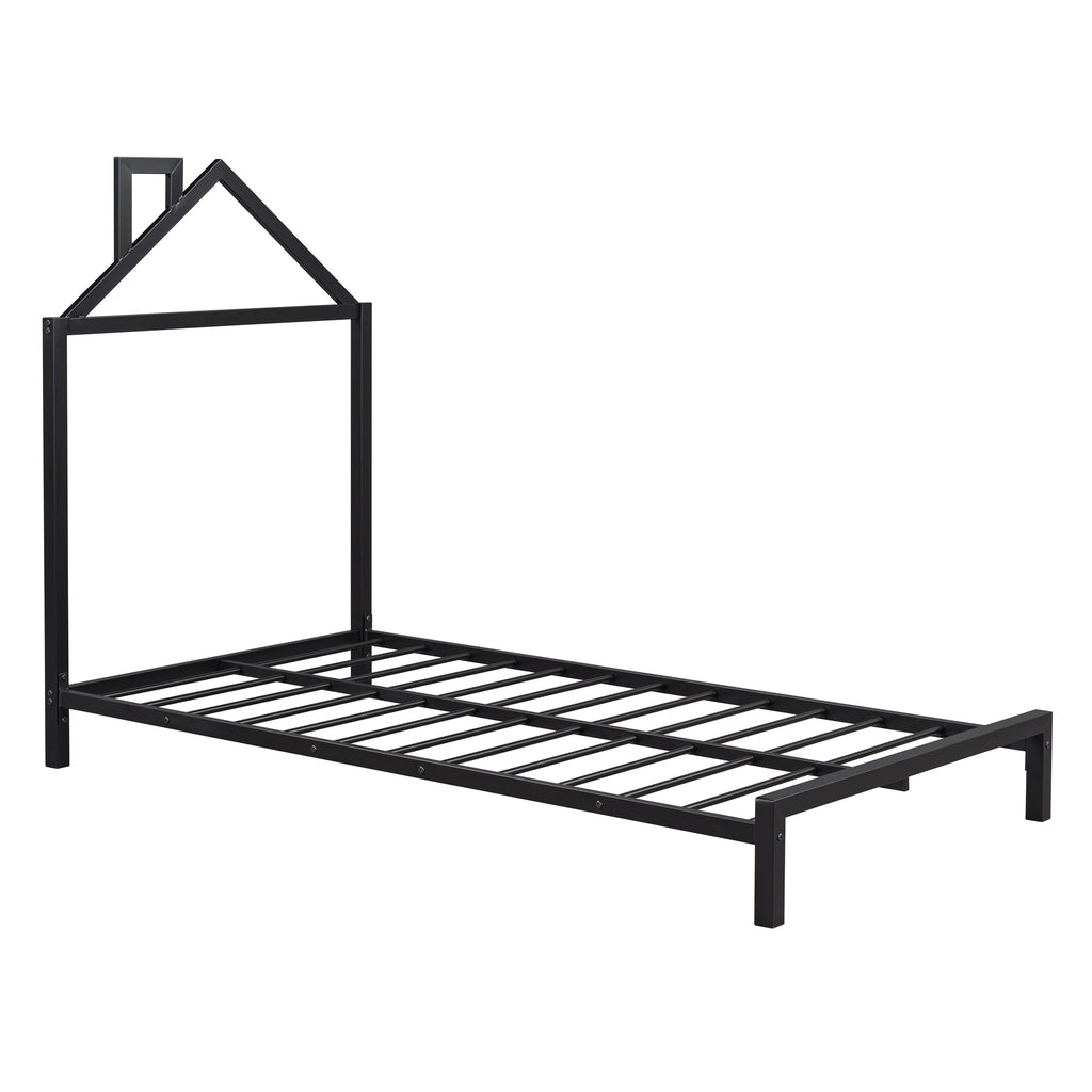 Leoglint Twin Size Metal Platform Bed Frame with House-Shaped Headboard Design, Black