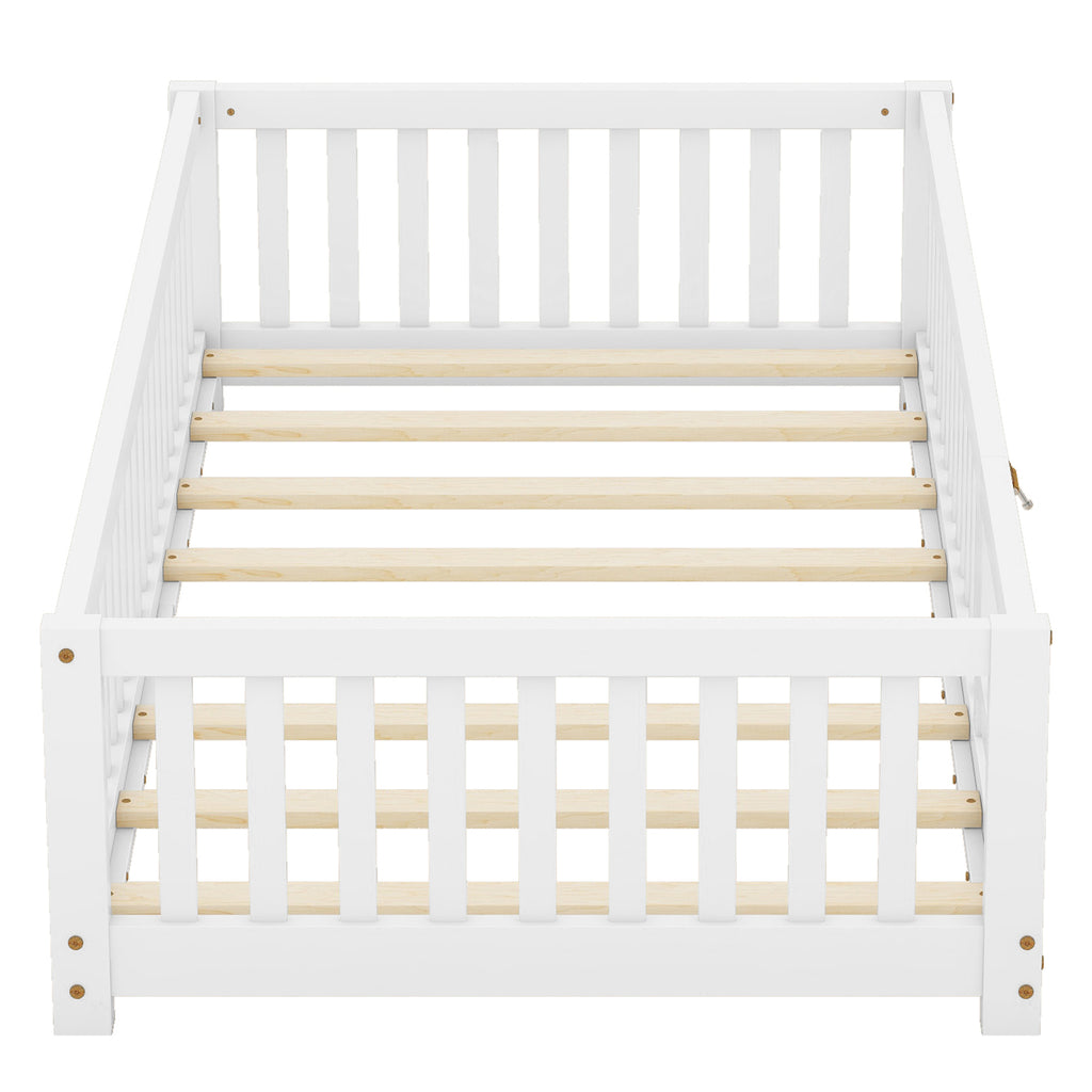 Leoglint Twin Size Bed Floor Bed Frame with Safety Guardrails and Door for Kids, White(Old SKU:W158090683)