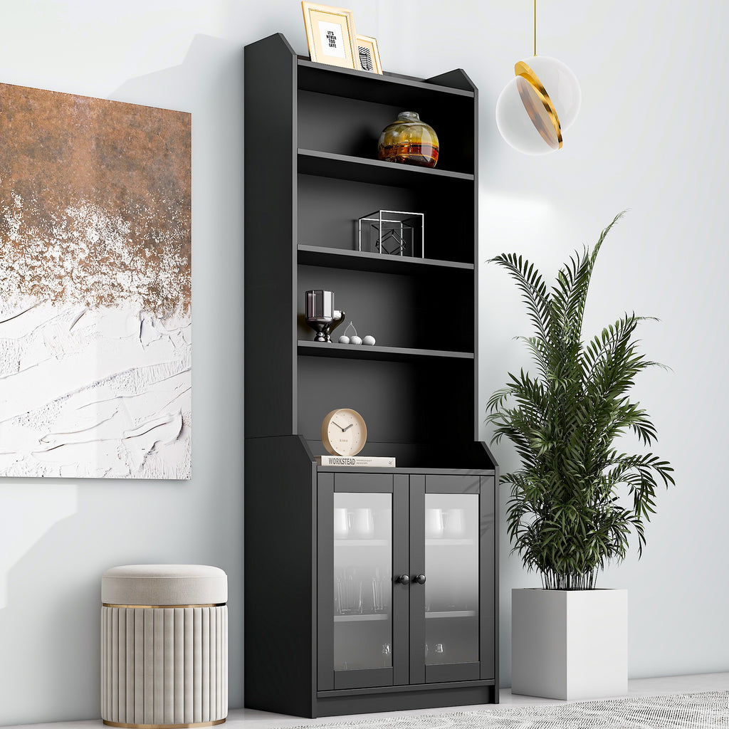 Leoglint Sideboard ON-TREND Elegant Tall Cabinet with Acrylic Board Door, Versatile Sideboard with Graceful Curves, Contemporary Bookshelf with Adjustable Shelves for Living Room, Black