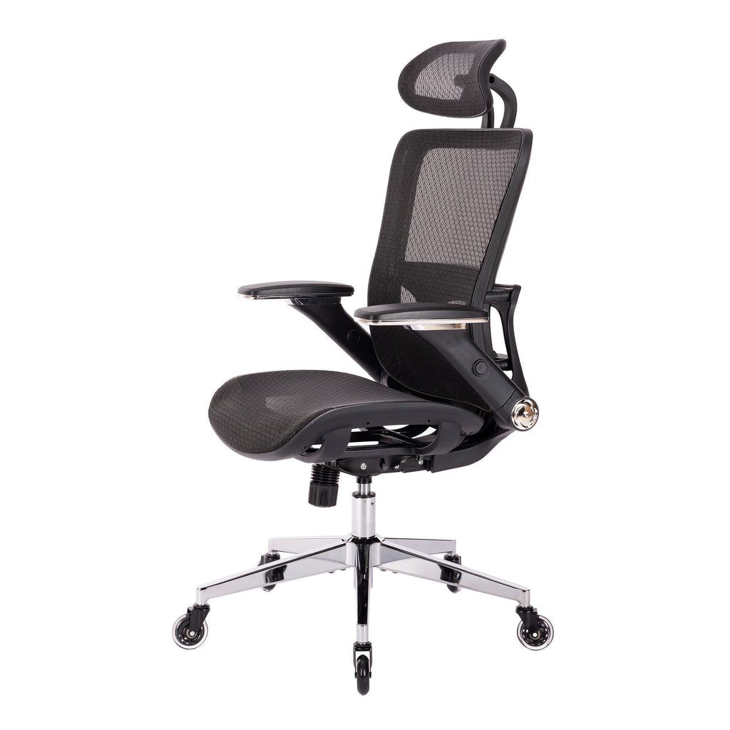 Leoglint BLACK Ergonomic Mesh Office Chair, High Back - Adjustable Headrest with Flip-Up Arms, Tilt and lock Function, Lumbar Support and blade Wheels, KD chrome metal legs