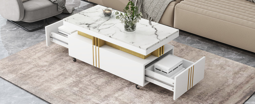 Leoglint [VIDEO provided] ON-TREND Contemporary Coffee Table with Faux Marble Top, Rectangle Cocktail Table with Caster Wheels, Moderate Luxury Center Table with Gold Metal Bars for Living Room, White