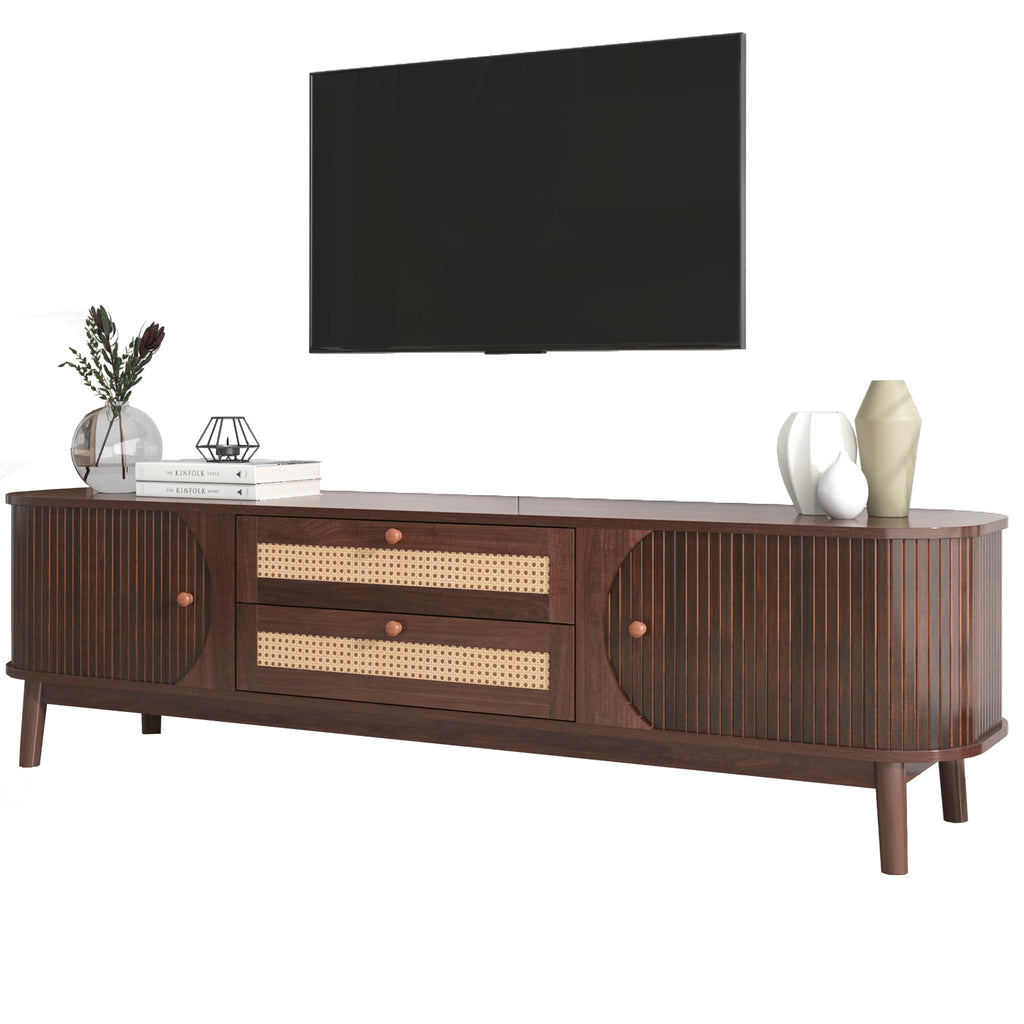 Leoglint Rattan TV Stand for TVs up to 75'', Modern Farmhouse Media Console, Entertainment Center with Solid Wood Legs, TV Cabinet for Living Room,Home Theatre