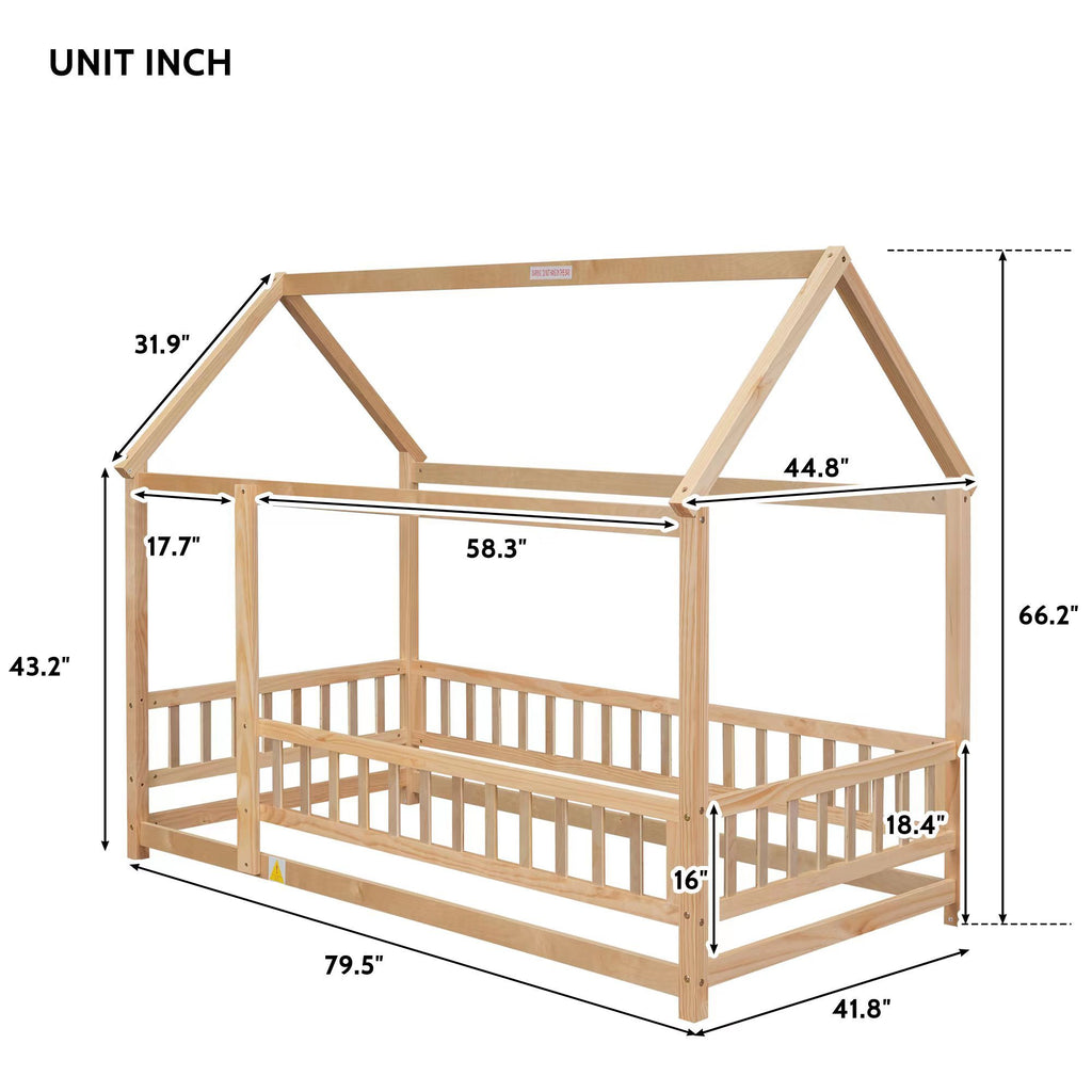 Leoglint Twin Size Floor Wooden Bed Frame with House Roof Frame, Fence Guardrails,Natural(Old SKU:W1791106616)