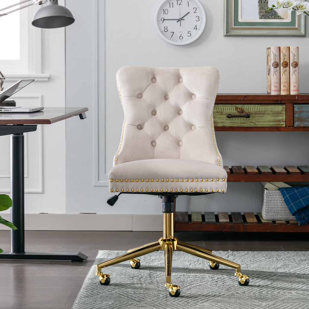 Leoglint A&A Furniture Office Chair,Velvet Upholstered Tufted Button Home Office Chair with Golden Metal Base,Adjustable Desk Chair Swivel Office Chair (Beige)