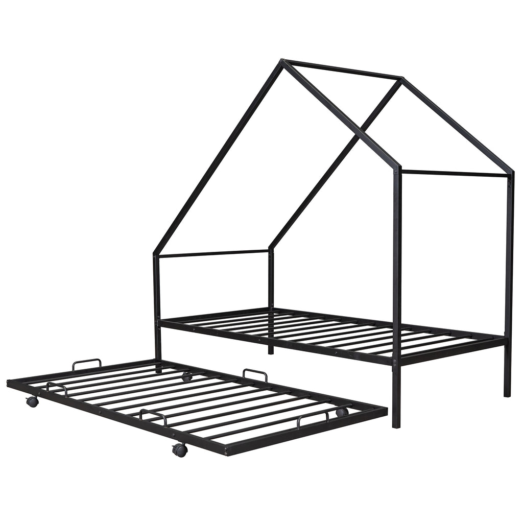 Metal House Bed Frame With Trundle, Twin Size House  Bed Black