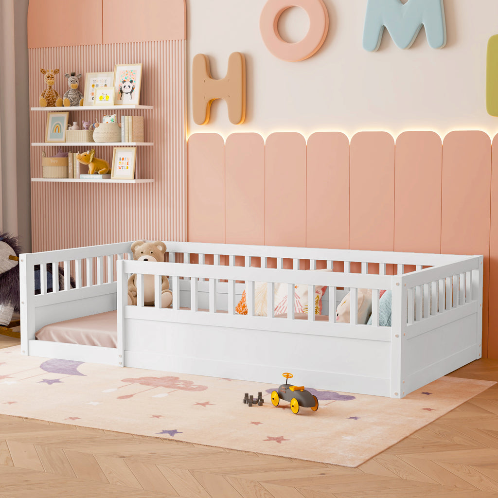 Twin Floor Bed Frame with Fence, Wood Kids Floor Beds Frame for Bedroom Playroom,White(Expect arrive date Jun. 21st)