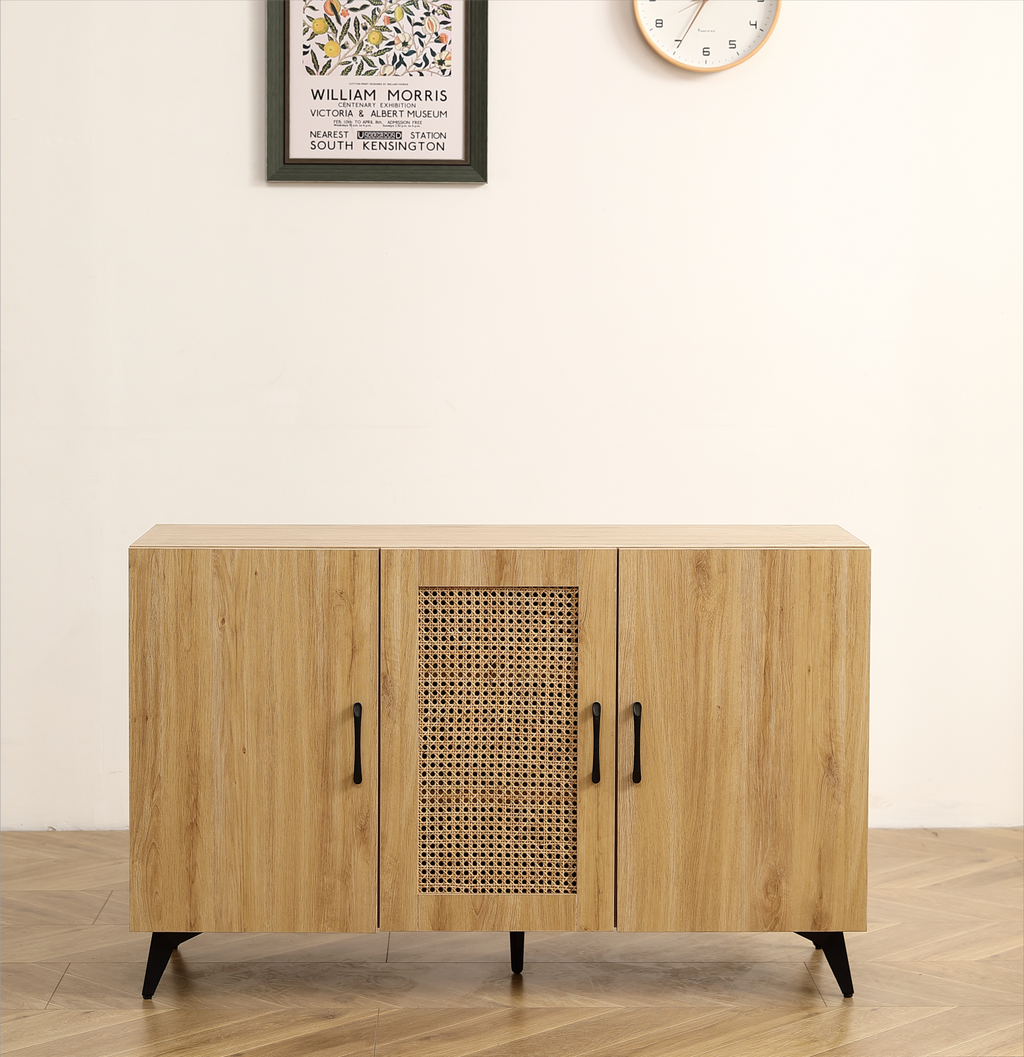 Leoglint Sideboard Three-Door Cabinet with Natural  Rattan Mesh - Large Storage Space, Kitchen Storage Cabinet .Stable and Durable Structure, Perfect for Living Rooms or Restaurants  45.3inch