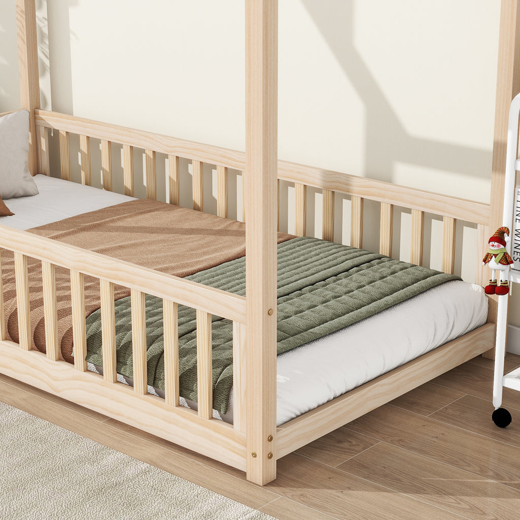 Twin House Bed Frame with Guardrails, Slats ,Natural