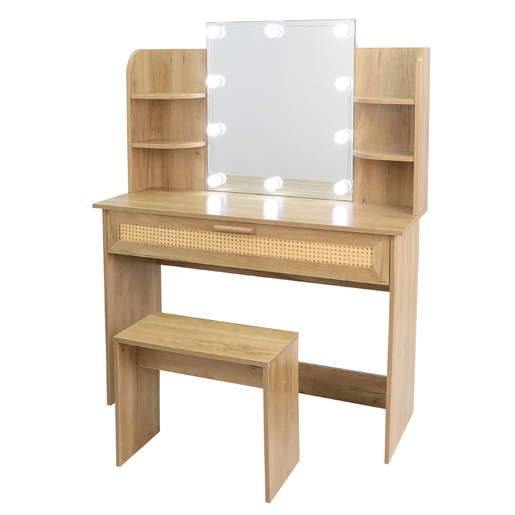 Leoglint Drawer Chest Vanity Desk Set Stool & Dressing Table with LED Lighting Mirror Drawer and Compartments Modern Wood Cosmetic Table Chest of Drawers Nature Color