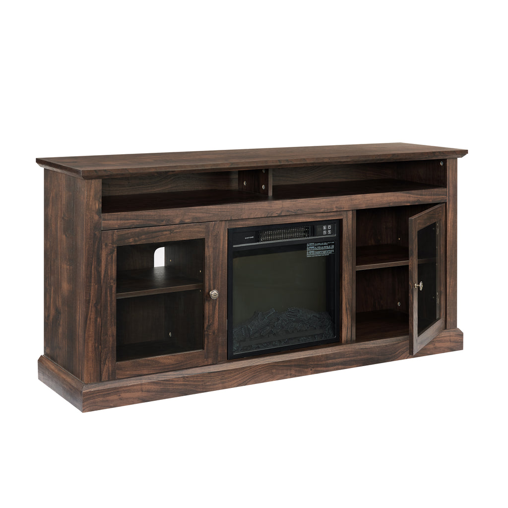 Leoglint Contemporary TV Stand Modern Entertainment Console with 18" Fireplace Insert for TV Up to 65" with Open and Closed Storage Space, Brown, 60"W*15.75"D*29"H