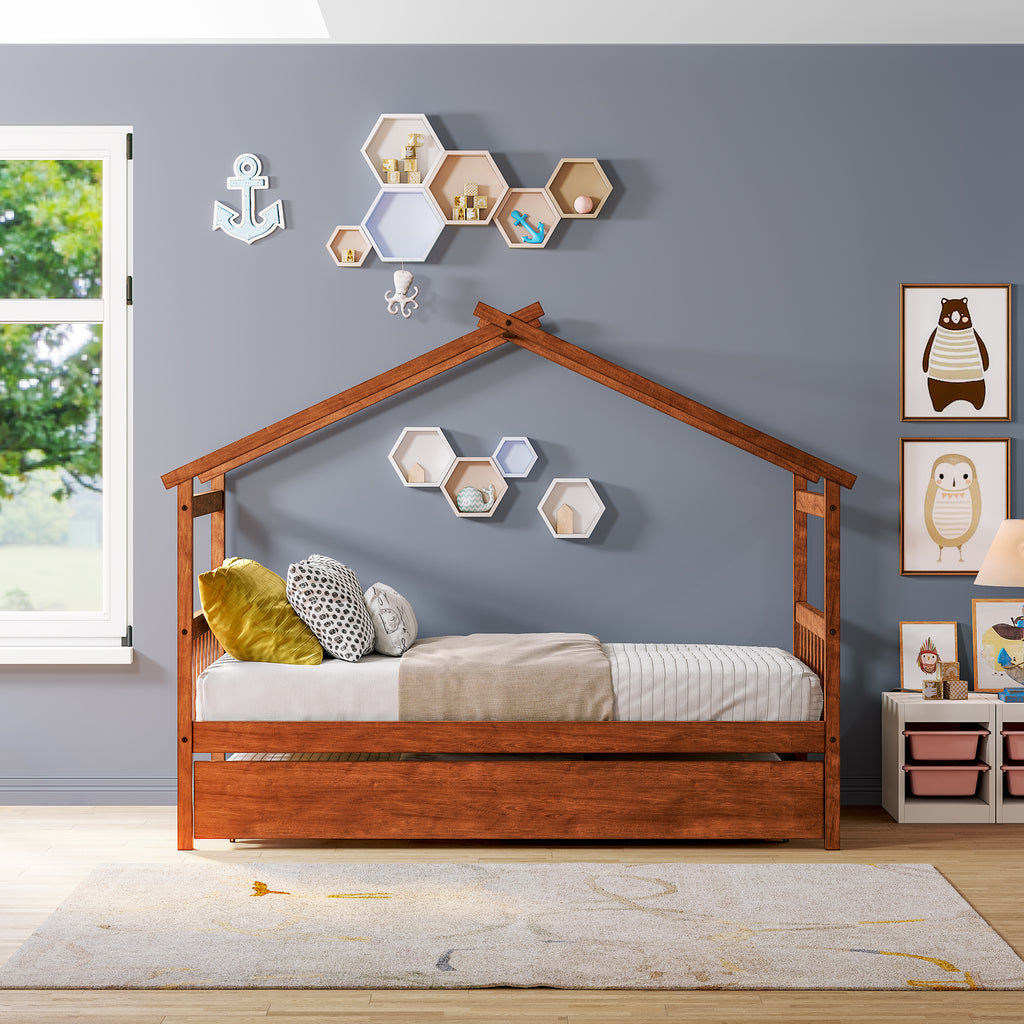 Leoglint Twin Size Wooden House Bed Frame with Twin Size Trundle, Walnut