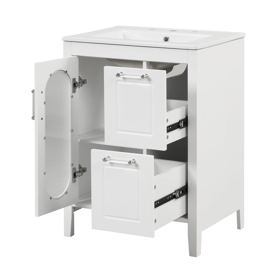 Leoglint 24" Bathroom Vanity with Sink, Bathroom Vanity Cabinet with Two Drawers and Door, Adjustable Shelf, Solid Wood and MDF, White