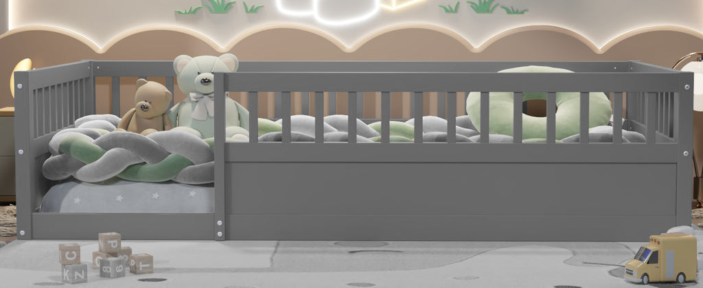 Twin Floor Bed Frame with Fence, Wood Kids Floor Beds Frame for Bedroom Playroom,Gray(Expect arrive date Jun. 21st)