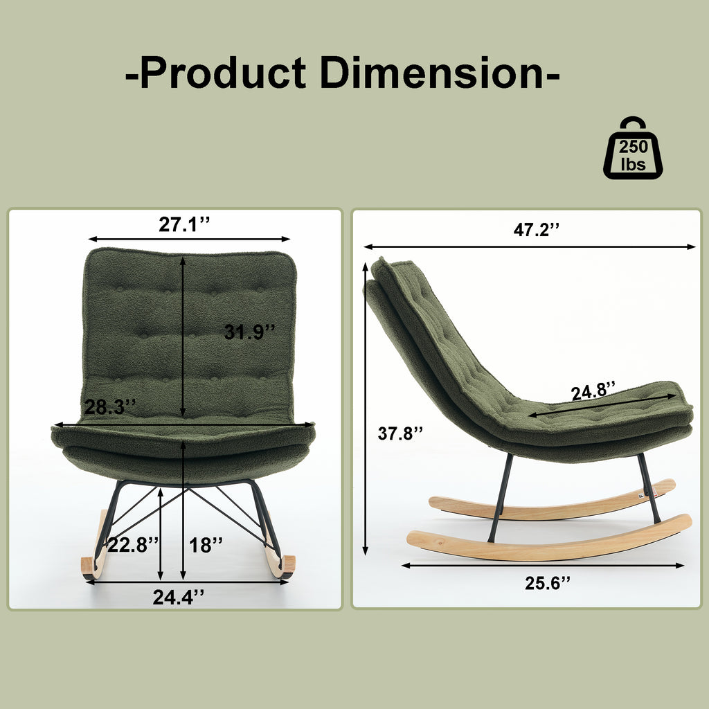 Leoglint Lazy Rocking Outdoor Chair,Comfortable Lounge Chair with Wide Backrest and Seat Wood Base, Upholstered Armless Rocker Chair for Living room, Balcony,Bedroom and Patio Porch. (DARK GREEN)