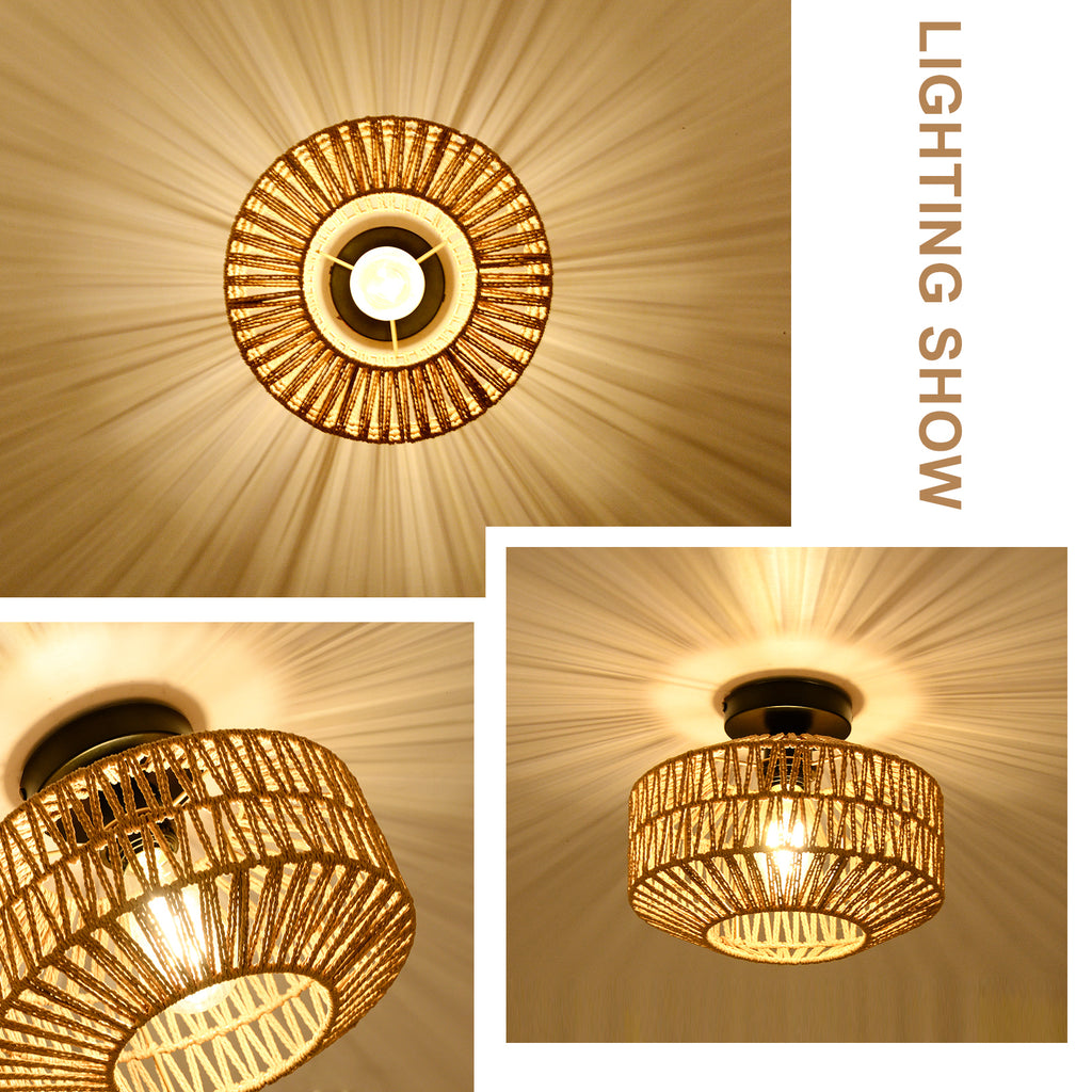 Leoglint Pendant Mini Rattan Flush Mount Light Chandelier with Dimmable LED Bulb