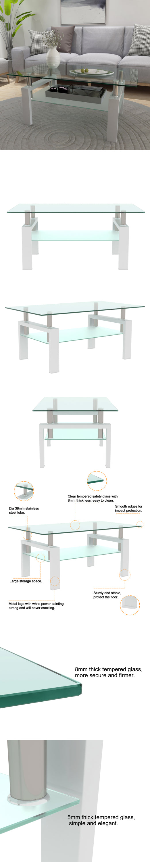 Leoglint White Coffee Table, Clear Coffee Table, Modern Side Center Tables for Living Room, Living Room Furniture