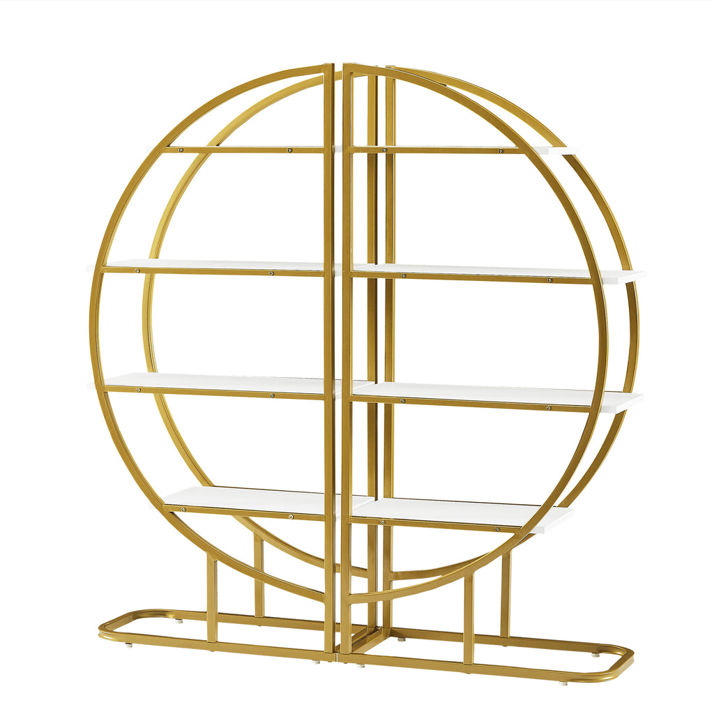 Leoglint 4 Tiers Home Office Open Bookshelf, Round Shape, Different Placement Ways, MDF Board, Gold Metal Frame, White