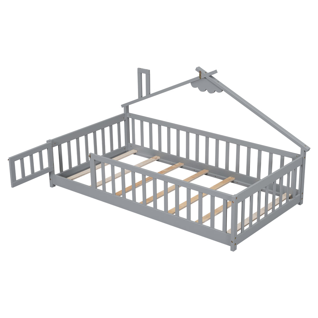 Twin House-Shaped Bedside Floor Bed Frame with Guardrails, Slats, with Door,Grey