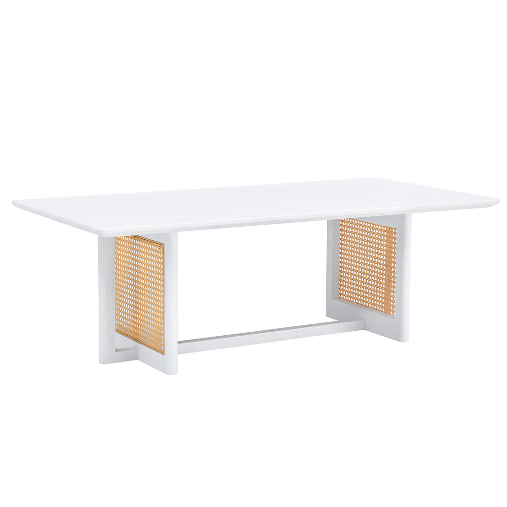 Leoglint Chinese style white solid wood and imitation rattan coffee table, rectangular solid wood coffee low table, small living room coffee table