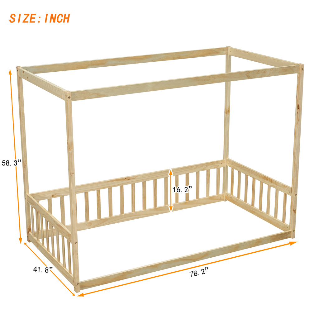 Leoglint Twin Size Canopy Frame Floor Bed Frame with Fence, Guardrails,Natural