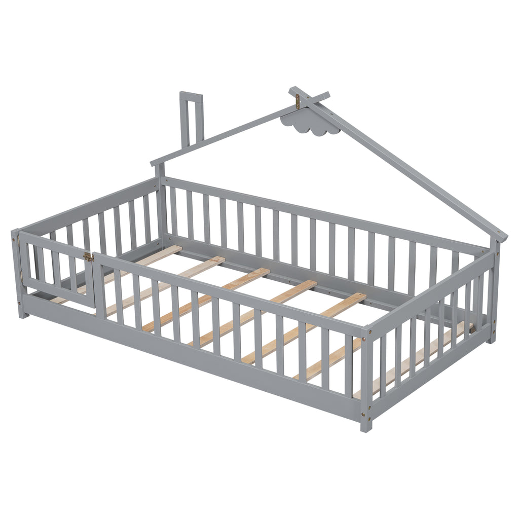 Twin House-Shaped Bedside Floor Bed Frame with Guardrails, Slats, with Door,Grey