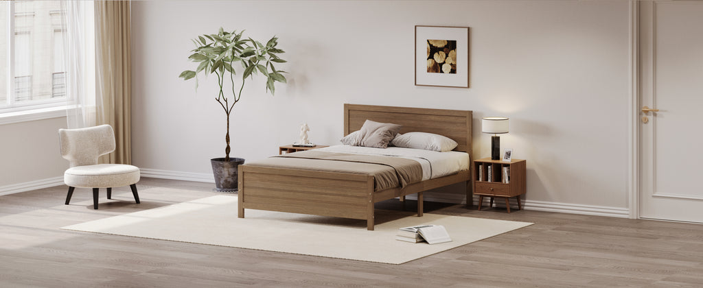 Leoglint Wood Platform Bed Frame with Headboard, Mattress Foundation with Wood Slat Support, No Box Spring Needed, Queen Size, Walnut